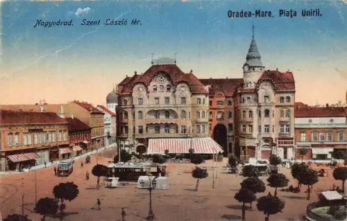 B260 Rumänien Oradea Mare Nagyvarad Piata Unirii Szent Laszlo ter Straßenbahn Postkarte