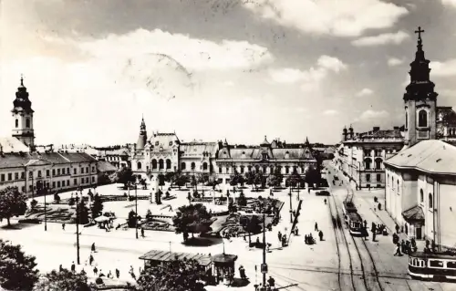B300 Rumänien Oradea Nagyvarad Piata Unirii Platz 1967 Straßenbahn RPPC Postkarte