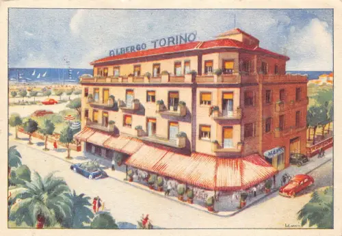 A132 Italien Albergo Torino Hotel Cars Beach Künstlerkarte signiert Vintage Postkarte