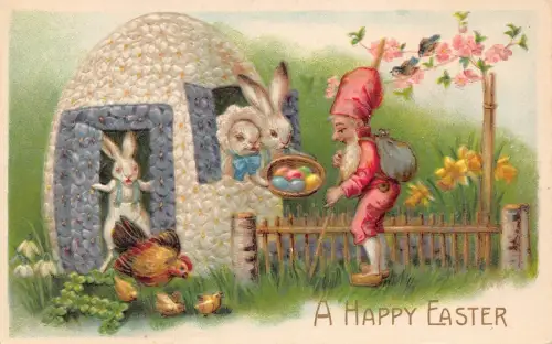 L230 Ostergrüße Ei Haus Hasen vermenschlicht Zwerg Glück Küken Postkarte