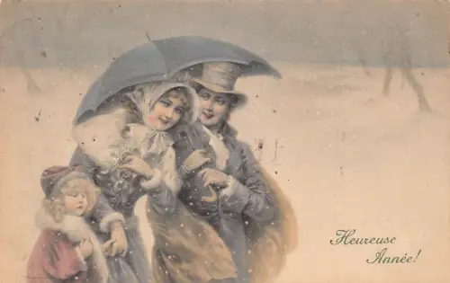 L370 Neujahrsgrüße 1906 Familie Regenschirm Schnee Vintage Postkarte