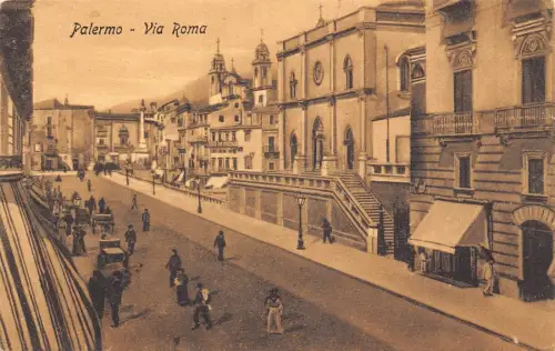 L073 Italien Palermo - Via Roma Kutsche, Kirche Vintage Postkarte