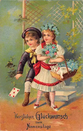 L252 Geburtstagsgrüße 1909 Kinder Katze Korb Rosen Blumen Postkarte