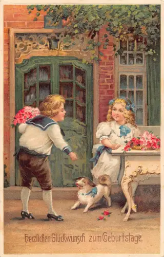 L252 Geburtstagsgrüße Kinder Hund Rosen Blumen geprägt Postkarte