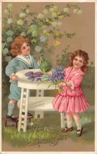 L252 Geburtstagsgrüße 1910 Kinder Rosen Blumen Postkarte