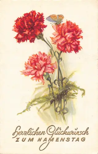 Namenstag Grüße Nelke Blumen und Schmetterling Vintage Postkarte