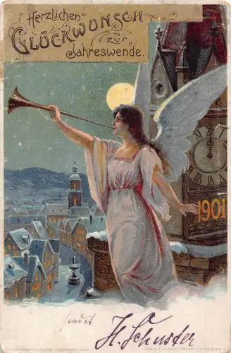 Neujahrsgrüße 1901 Engel Trompete Mondschein Uhr Turm Litho Postkarte