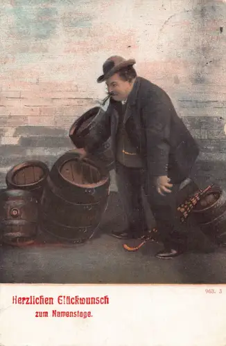 Namenstag Grüße 1909 Fat Man Smoking near Barrick Umbrella Postkarte