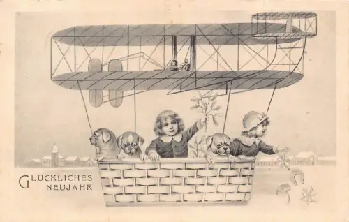 Neujahr Mädchen im Korb getragen von Flugzeughunden Hufeisen Kleeblatt Postkarte