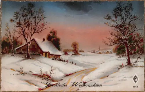 Weihnachtsgrüße Sonnenuntergang Landschaft Haus Schnee Bäume Ganzsache