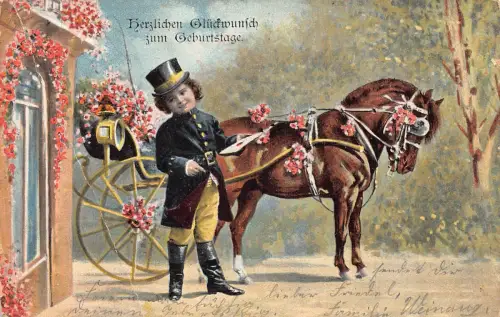 Geburtstagsgrüße Junge als Postbote Postkutsche Blumen Brief Postkarte