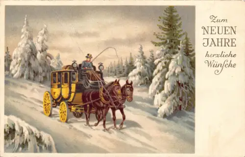 Neujahrsgrüße 1940 Postkutsche Pferde Schnee Straße Wald 2. Weltkrieg Feldpostkarte