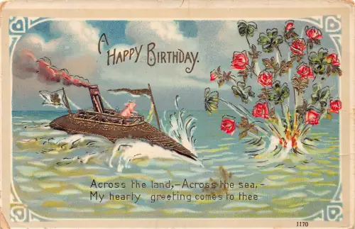 L465 Happy Birthday Grüße Schwein U-Boot Glück Vintage Postkarte