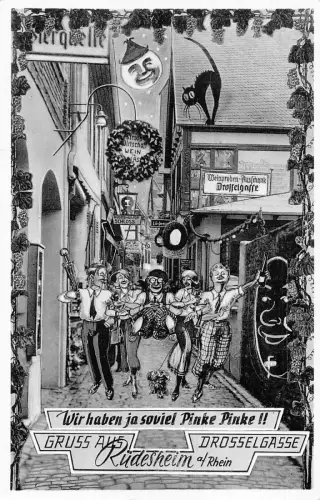 Deutschland Gruss aus Rüdesheim ein Rhein Wein Humanisiert Mond Schwarze Katze Postkarte