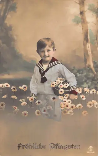 A628 Pfingstgrüße 1911 Junge Matrose Uniform Gänseblümchen Blumen Vintage Postkarte