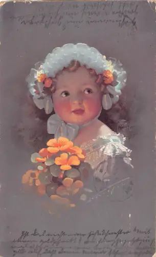 A629 Grüße 1913 Süßes Mädchen lächelnde indische Kresse Blumen Postkarte