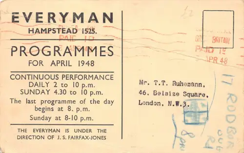 B422 Theater spielt Werbung Jedermann Hampstead Programme April 1948 Postkarte