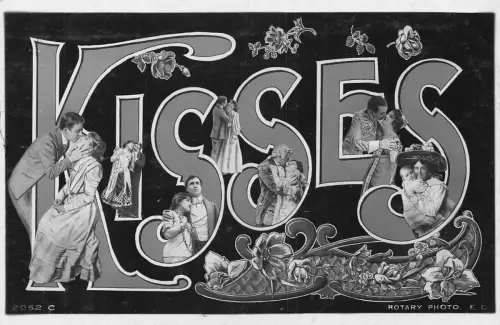 A046 Küsse große Buchstaben verschiedene Blumen Verliebte Paare küssen Baby Postkarte