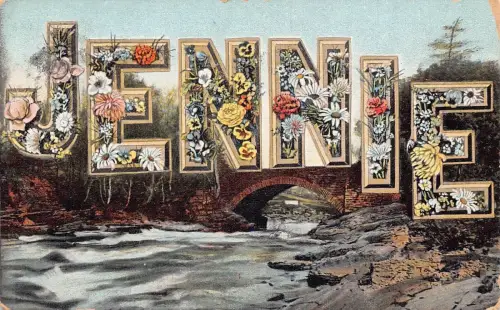 A046 Jennie 1905 Großbuchstabe Name verschiedene Blumen Brücke Fluss Felsen Postkarte