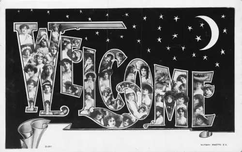 A046 WILLKOMMEN Großer Brief Schöne Frauen Mondsichel Sterne Vintage Postkarte