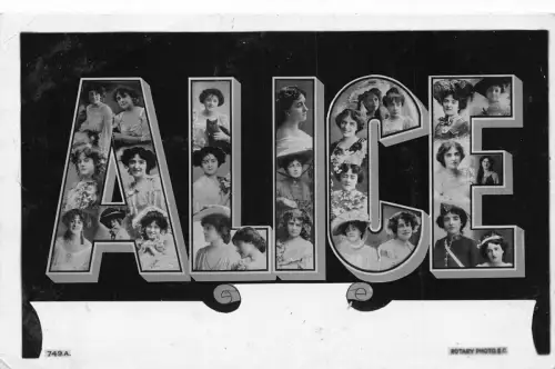 A046 Alice 1905 Großbuchstabe Name elegante Frauen glückliche schwarze Katze Vintage Postkarte
