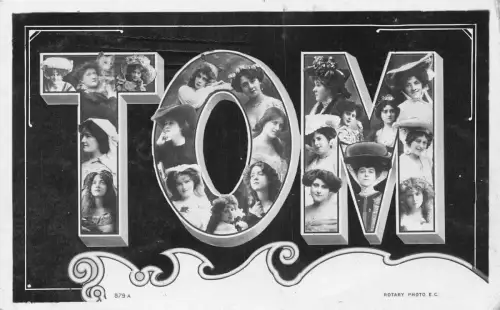 A046 TOM Großbuchstabe Name schöne Frauen Hüte Hund Vintage Postkarte