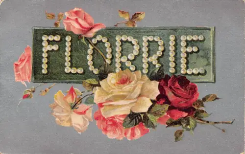 A046 Florrie Großbuchstabe Name Perlen Schrift grüne Tafel Rosen silber Postkarte