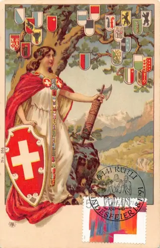 L295 Schweiz Protektor Göttin Wappen in Bäumen Vintage Postkarte