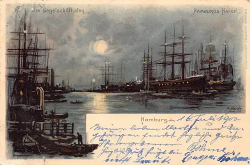 Deutschland 1900 Hamburg Hafen Sagelschiffhafen Hafen Schiffe Mondschein Postkarte