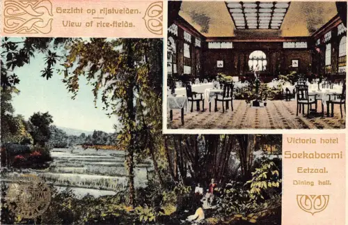 L281 Indonesien Niederländisch-Ostindien Reisfelder Victoria Hotel Speisesaal Postkarte