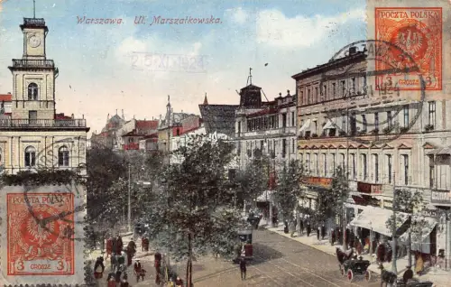 L148 Polen 1924 Warschau Ul Marszalkowska Straßenbahn Geschäfte Vintage Postkarte