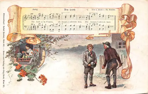 B107 Die Liab Song Musiknoten Bauernfamilie Hirte Blumen Postkarte