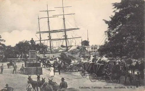 L542 BWI Barbados Cabstand Trafalgar Square Schiffskutsche Reisebus Vintage Postkarte