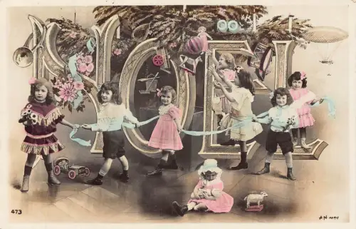 L102 Weihnachtsgrüße Kinder spielen Spielzeug Zeppelin Vintage Postkarte