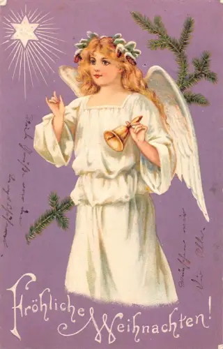 B258 Weihnachtsgrüße 1905 Engel Glocke Tannenzweig Stern geprägt Postkarte