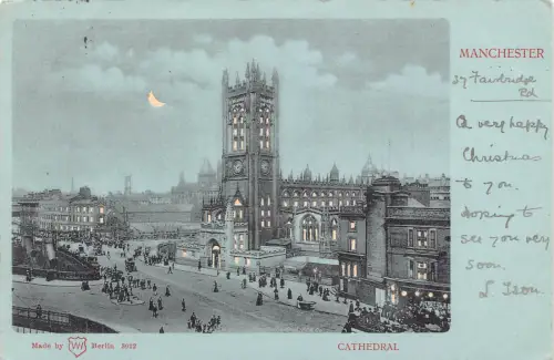 L544 England Manchester Cathedral 1900 Hold to Light Vintage Postkarte