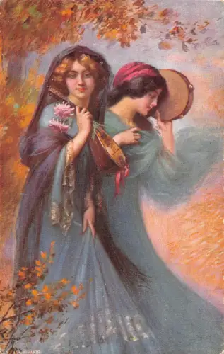 A146 Gemälde Die Zikaden Musiker signiert D Enjolras Mandoline Tamburin Postkarte