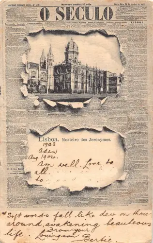 B587 Zeitungsbrief O Seculo Portugal Lisboa Mosteiro Jeronymos 1903 Postkarte