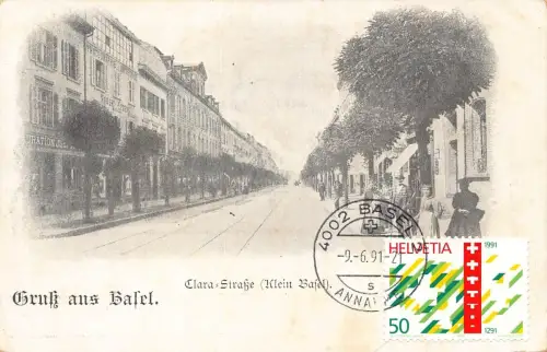L299 Schweiz Gruss aus Basel Clara Straße Klein Basel Vintage Postkarte