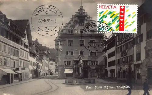 L298 Schweiz Zug Hotel Ochsen Kolinplatz Brunnen Geschäfte Vintage Postkarte
