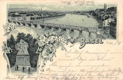 A113 Schweiz 1898 Gruss aus Basel Blumen Strassburger Monumet Postkarte