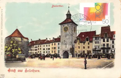 L301 Schweiz Gruss aus Solothurn Turm Kutsche Litho Vintage Postkarte