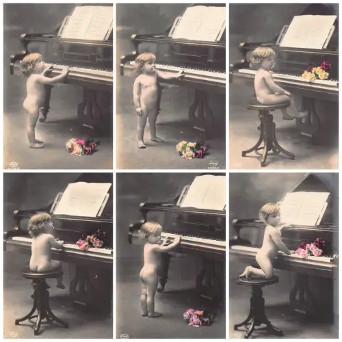 Kleines Mädchen spielt Klavier Set 6 Vintage Postkarten