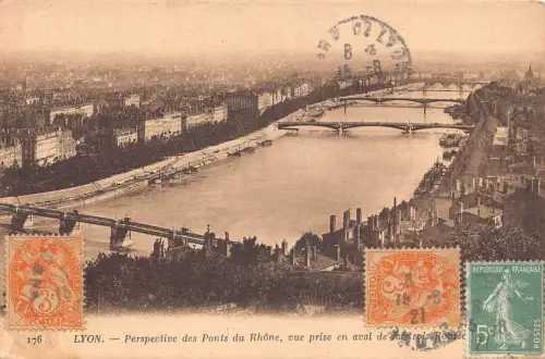 L131 Frankreich 1921 Lyon Rhone Brücke Panoramablick Fluss Vintage Postkarte