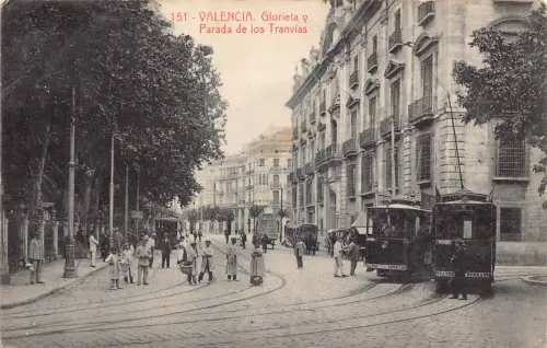 Spanien 1913 Valencia Glorieta y Parada de los Tranvias Straßenbahnen Postkarte