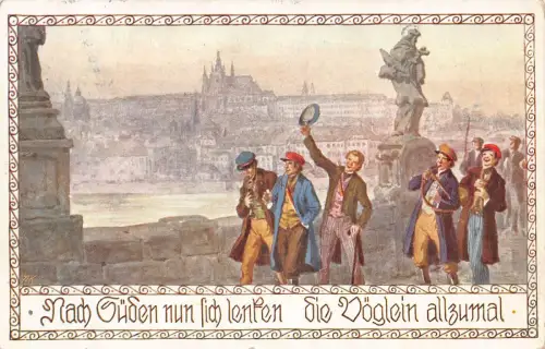 Vögel gehen in den Süden Jungen Musikinstrumente Trompete Flöte Prag Postkarte