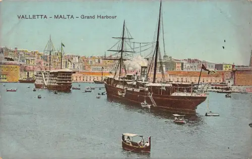 Malta Valletta Grand Harbour Steamboats Vintage Postkarte