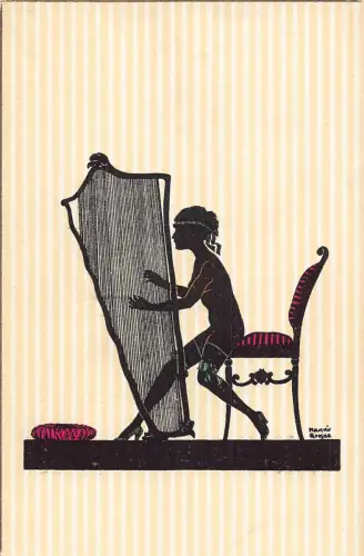 B153 Silhouette Akt Frau spielt Leier Musikinstrument Vintage Postkarte
