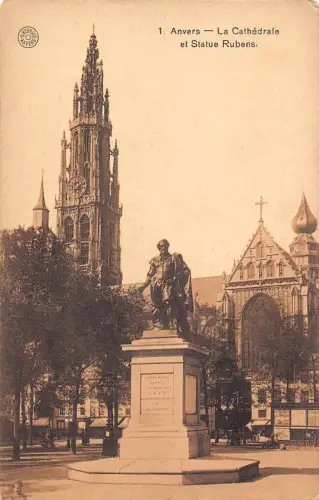 A646 Belgien Anvers Antwerpen Kathedrale und Rubens Statue Vintage Postkarte