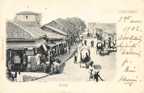 B431 Ceylon Sri Lanka 1902 Colombo Pettah Rikscha Geschäfte Postkarte